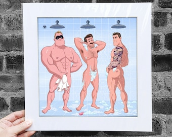 Matted Poster Showers Cruising, Queer, Gay Incredible, Gay Hero, Gay Dad, LGBTQ Poster, Gay Shower, Parody Art, Home Decor, Wall Decor, +18