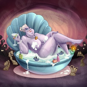 May include: Illustration of a purple sea witch relaxing in a seashell-shaped bathtub filled with bubbles. She holds a martini and is surrounded by bath products, candles, and cartoonish sea creatures. The background is a dark, swirling design.
