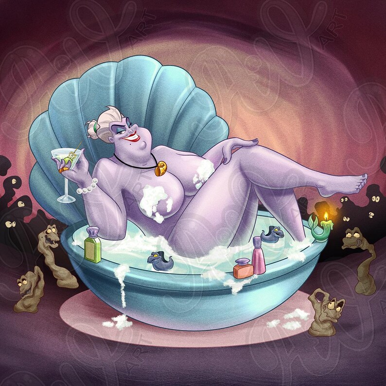 May include: Illustration of a purple sea witch relaxing in a seashell-shaped bathtub filled with bubbles. She holds a martini and is surrounded by bath products, candles, and cartoonish sea creatures. The background is a dark, swirling design.