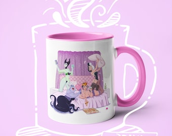 Koffiemok Villains Slumber Party, Ursula, Cruella, Evil Queen, Maleficent, Parodie Art, Party Girls, LGBTQ Houseware, Leuke mok, Cadeau, Kleding