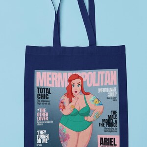 Tote Bag Mermaidpolitan Magazines, Princesses, Ariel, Original, Parody, Tote Bag, Fun Princess, Tessa H, Parody, Fun Tote Bag, Canvas Bag Navy
