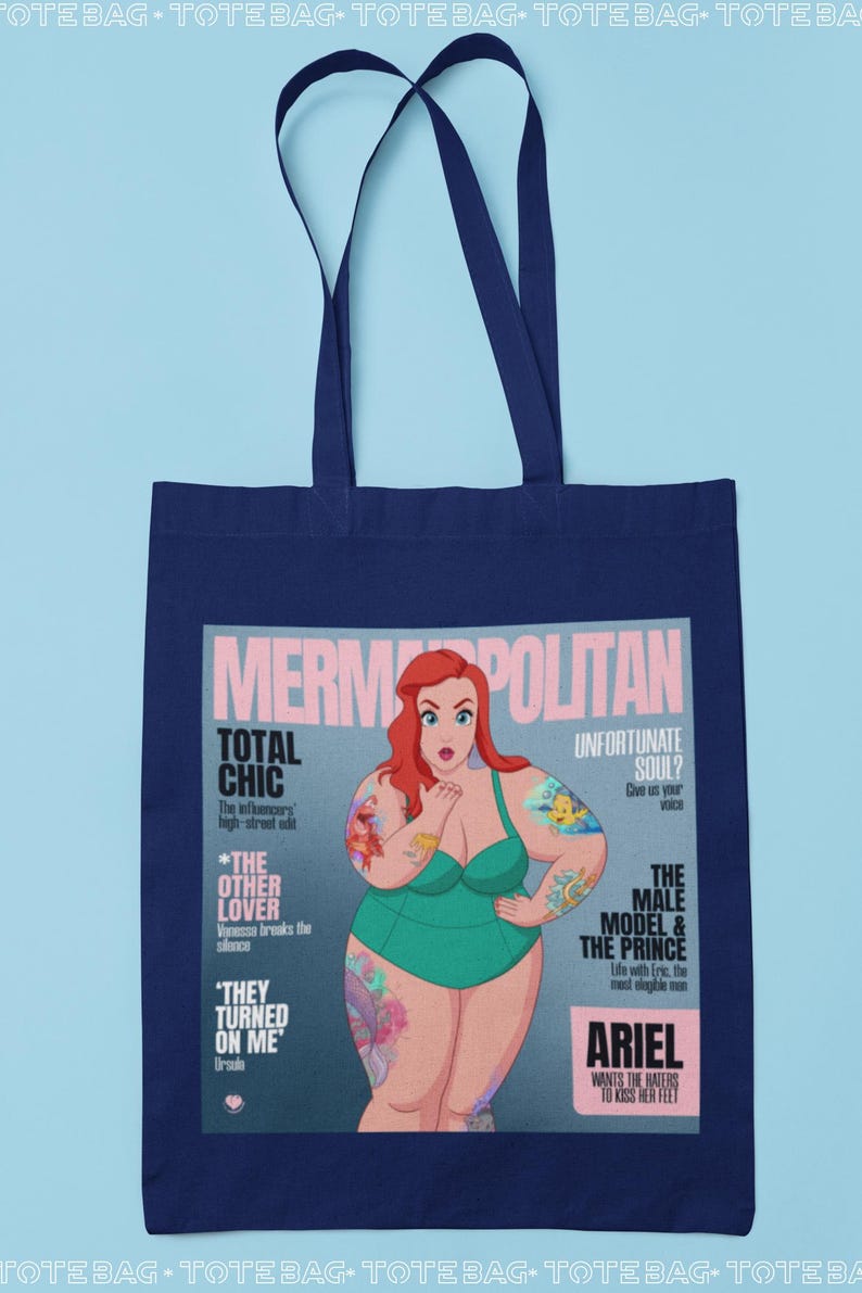 Tote Bag Mermaidpolitan Magazines, Princesses, Ariel, Original, Parody, Tote Bag, Fun Princess, Tessa H, Parody, Fun Tote Bag, Canvas Bag Navy