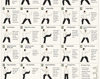 Yang Style 24 Form Tai Chi Reference Poster | Illustrated Movements, Practice Tips (Digital Download)