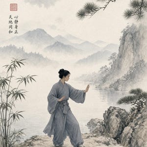 May include: A person in a grey robe performing a martial arts pose on a rocky cliff overlooking a misty lake and mountains. The scene includes bamboo, pine trees, and Chinese calligraphy text that reads 太極, 心靜身正, and 天地同和.