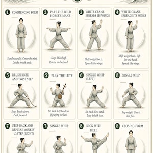 May include: An instructional poster titled Yang Style Tai Chi Form 8, featuring twelve illustrated panels of a person in a grey uniform demonstrating specific movements. The chart includes text descriptions for each posture, a yin-yang symbol, and mountain illustrations.