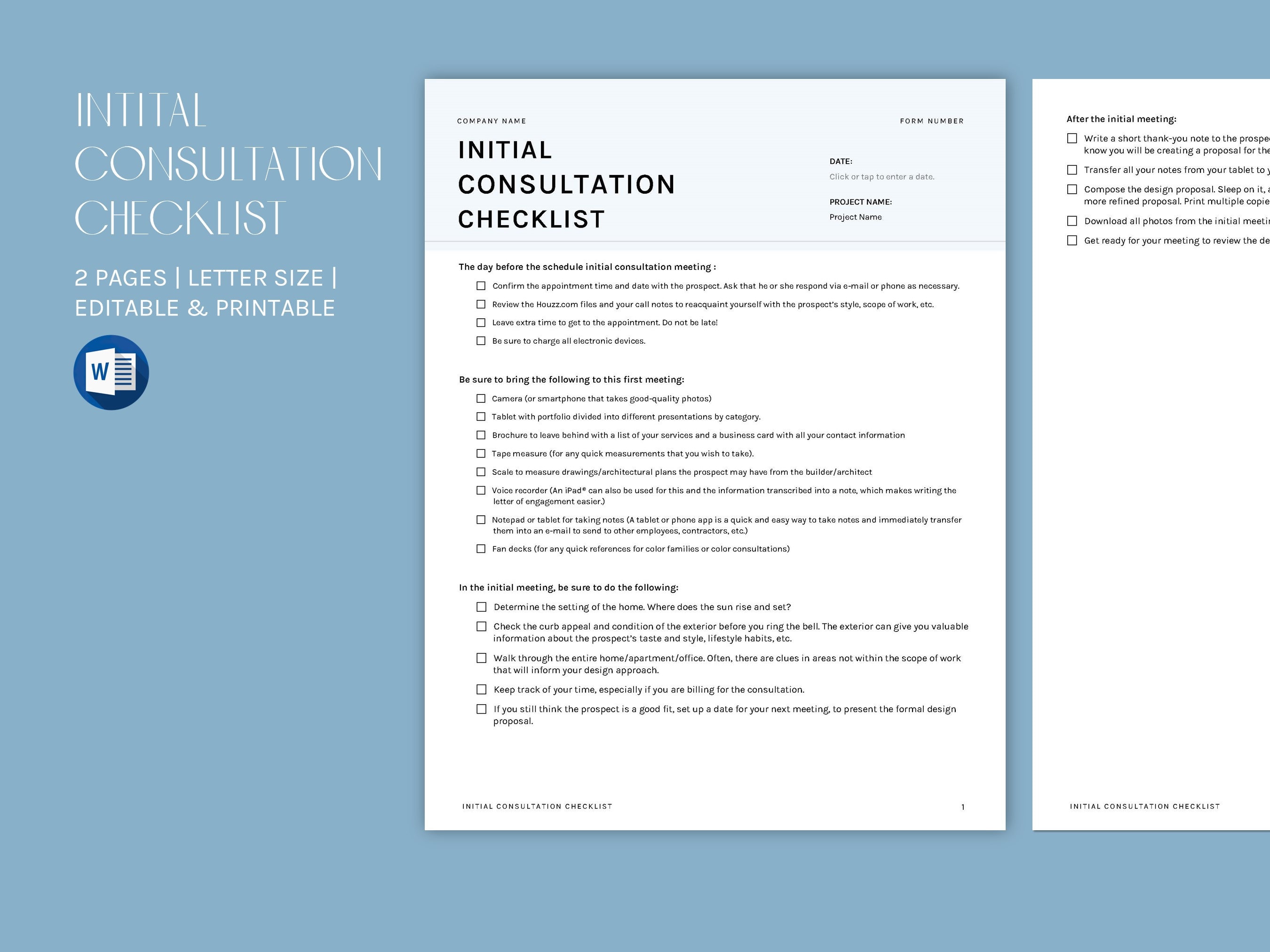 Interior Design, Client Initial Consultation Template, MS Word Template ...