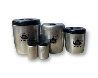 MCM West Bend Aluminum Kitchen Canister Set, Vintage Retro Storage Decor, 5 Piece Nesting Canister Set, Coffee Tea Sugar Salt Pepper