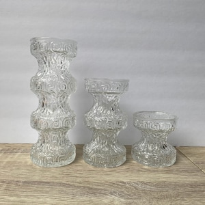 Mid Century Textured Glass Candle Holder or Vase, Oberglas of Austria, Vintage Art Glass, Greek Key Shaped and Textured Vases