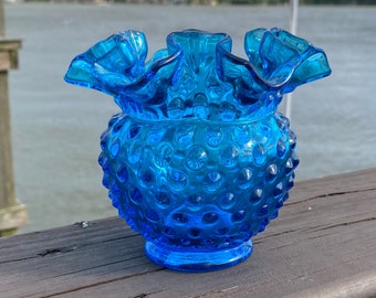 Colonial Blue Fenton Glass Ruffled Hobnail Bowl 4.5", Vintage Fenton Collectable Art Glass Vase