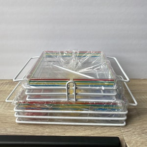 Retro 1980s Rainbow Stripe Acrylic Napkin Holder or Cutlery Serving Caddy with Plastic Silverware, Vintage Kitchen Buffet Ware