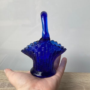 Cobalt Blue Handmade Vintage Woven Glass Basket, Collectable Art Glass