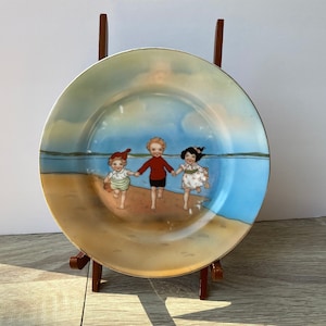 Collectable Antique Royal Bayreuth Nursery Baby Plate, Three Children Playing on Beach, Vintage Home Decor