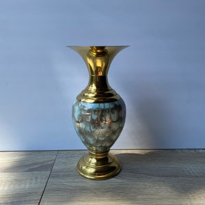 Vintage Delft Holland Hand Painted Marbled Porcelain and Brass Vase, Gold Accents Home Decor