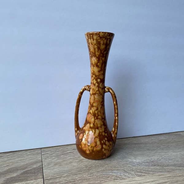 Vintage JEM of California Art Pottery Vase, Double Handled Brown Orange Drip Glaze, Mid Century Modern, Retro Home Decor