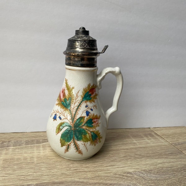 Antique 1800s White Ironstone China Hand Painted Syrup Pitcher, French Farmhouse Cottage Kitchen