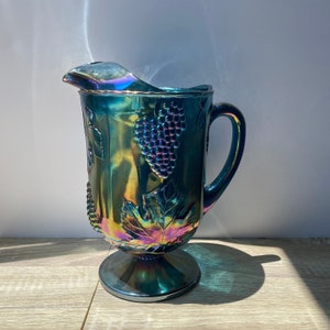 Vintage Blue Carnival Indiana Glass Harvest Grape Pitcher, Collectable Art Iridescent Glass