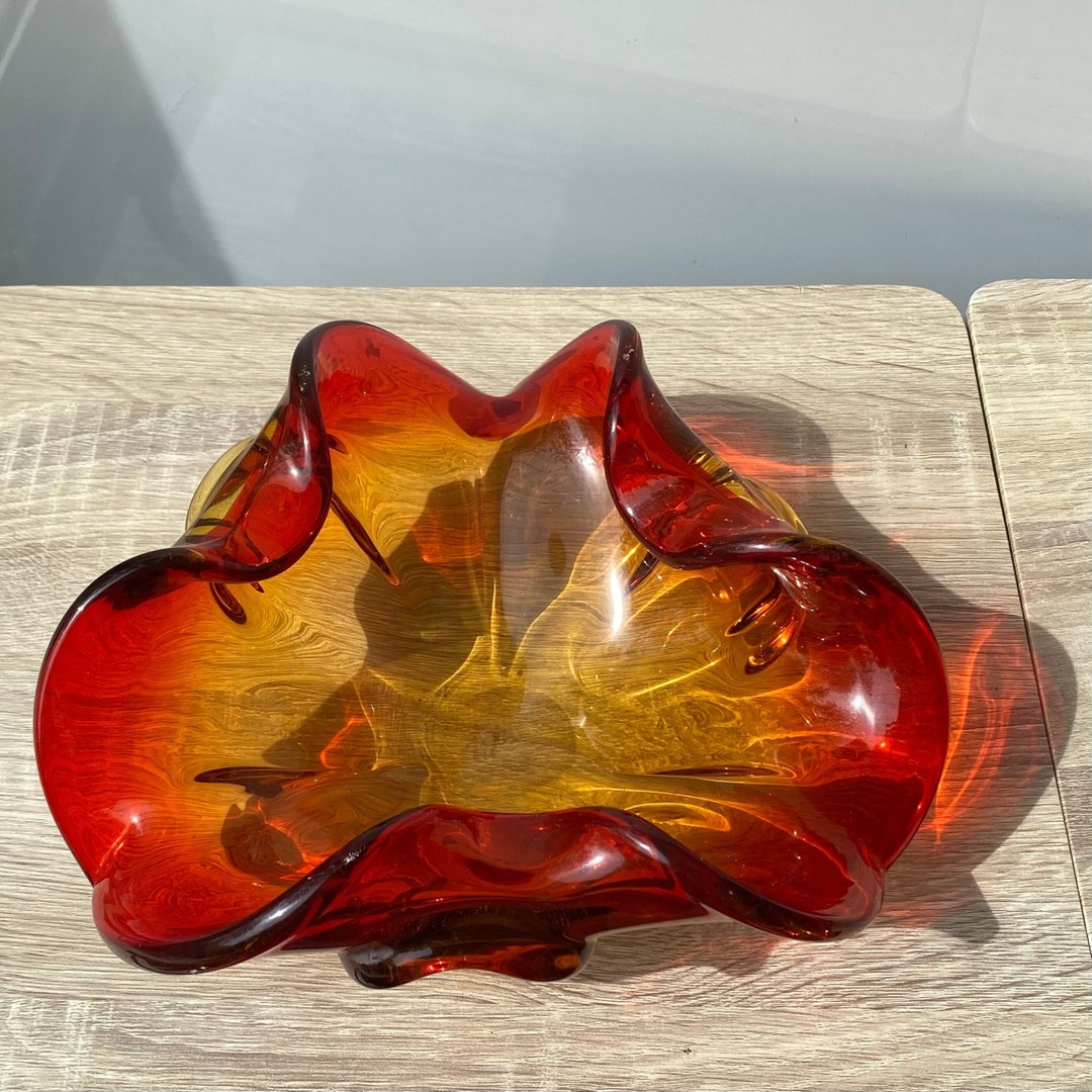 Vintage Italian Murano Red/ Amber Ombre Art Glass Flared Centerpiece Bowl, MCM Home Decor, Made