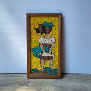 Mid Century Gravel Pebble Framed Wall Art, MCM Girl with Basket Gravel Art, Retro Wall Hanging Home Decor
