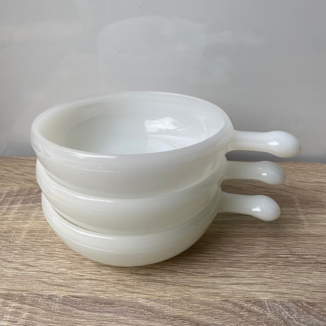 Vintage Glasbake Retro Bowls With Handles, Small White Milk Glass