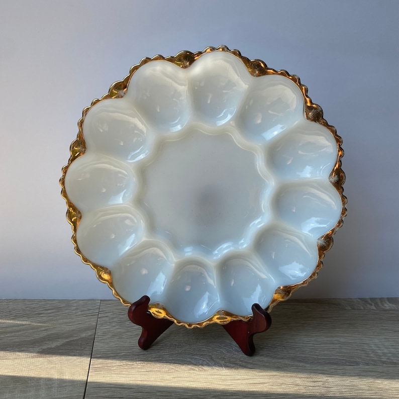 Vintage Anchor Hocking Milk Glass Deviled Egg Relish Plate, Egg Serving