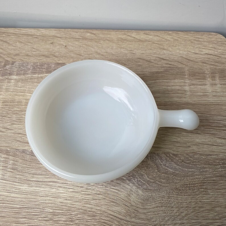 Vintage Glasbake Retro Bowls With Handles, Small White Milk Glass