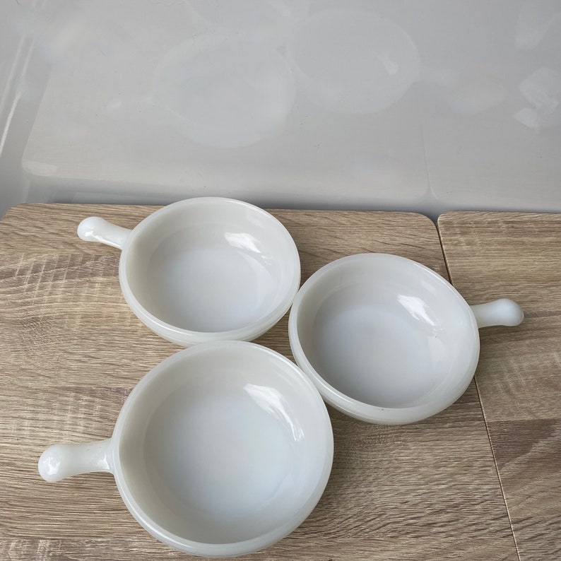 Vintage Glasbake Retro Bowls With Handles, Small White Milk Glass