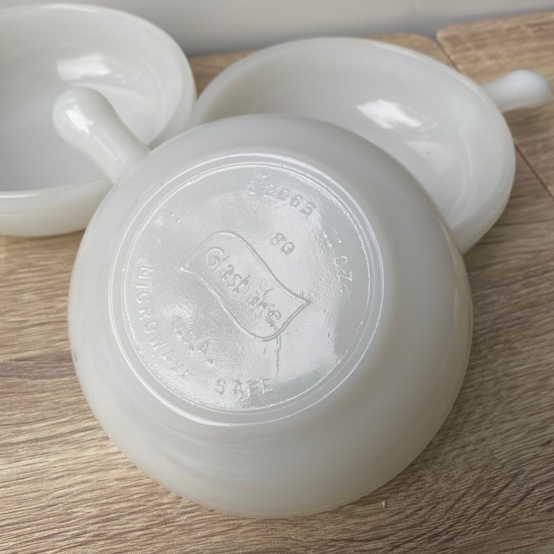 Vintage Glasbake Retro Bowls With Handles, Small White Milk Glass