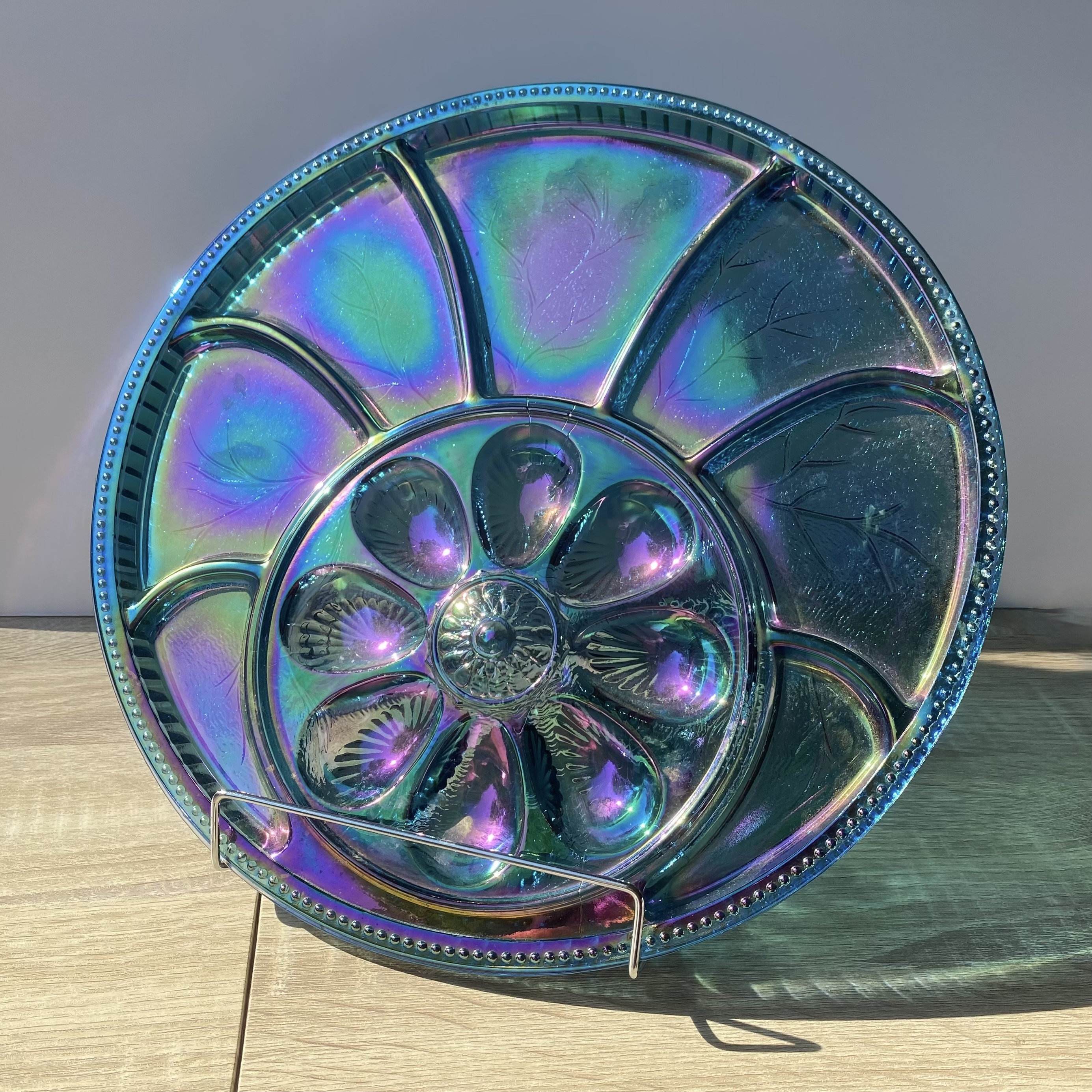 Vintage Blue Carnival Glass Deviled Egg Plate, Indiana Glass