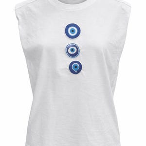 Evil Eye Shirt White Sleeveless Top | Handmade Patch Tee | Middle Eastern Style | Size L | Casual Summer Shirt | Boho Chic Top