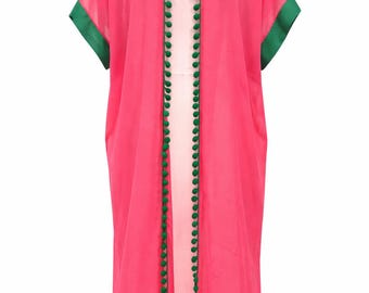 Roze transparante kimono-abaya, lichtgewicht najafstof, zomerzwempak, resortkleding met open voorkant, neonroze laag aan het zwembad