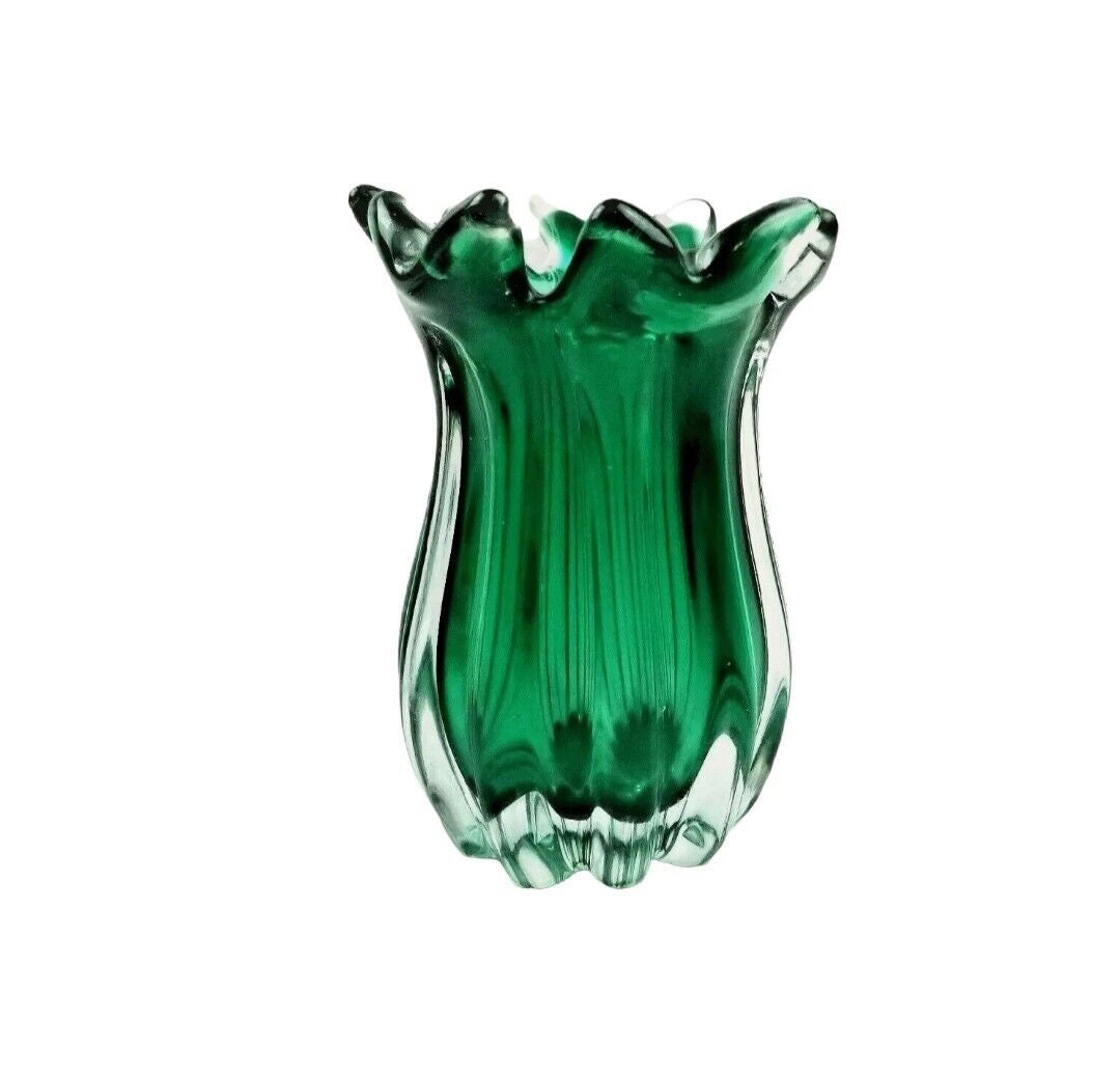 Art Glass Swung Vase Green & Clear 10 Fingers Ribbed 5 Etsy