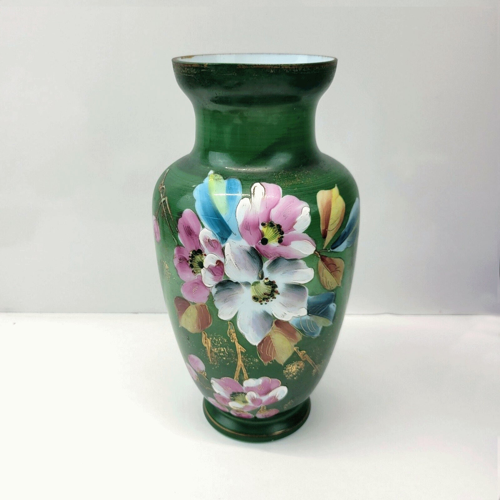Hand Painted Green Floral Vase Glass Vintage Pink White Blue Etsy