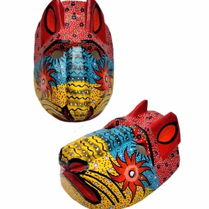 Handmade Carved Wood Cat Mask Jaguar Leopard Guatemala Mexico Folk Art Vintage
