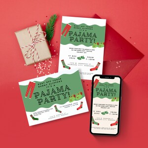 Kerstpyjamafeestuitnodigingsbundel, vakantiepyjamafeestje, elektronische uitnodigingssjabloon, afdrukbare uitnodiging