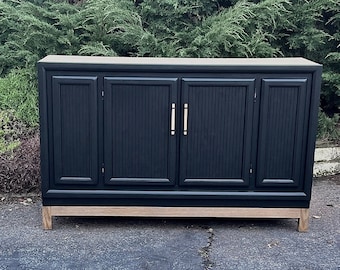 Black & Oak Vintage Buffet/Sideboard/Credenza/Entry/Console. One of a kind. Custom fluted doors. Custom white oak legs.