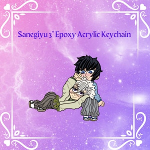 May include: A 3-inch epoxy acrylic keychain featuring two anime characters. The character on the left is laying down with their eyes closed and the character on the right is standing with their eyes open. The background is a purple and pink galaxy pattern.