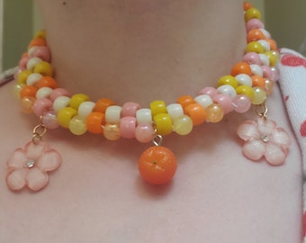 Orange and Flower Themed| Pastel Sunset| Beaded Candy| Adjustable| Choker