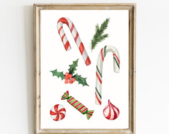 Christmas Candy Print | Candy Cane Wall Art | Holly and Ivy Print | Watercolor Candy Cane Print | Pine Tree Branch Print | DIGITAL PRINT