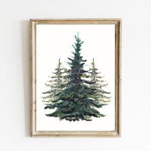 Impression d’arbres à feuilles persistantes enneigés | Art mural imprimable de la forêt d’hiver | Peinture à l’aquarelle de Noël | Paysage d&#39;hiver | Téléchargement numérique