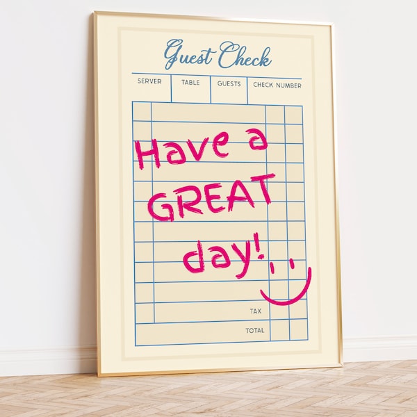 Guest Check Print | Have a Great Day Print | Bar Cart Decor | Dorm Room Print | Guest Check Poster | Retro Guest Check | DIGITAL DOWNLOAD