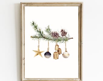 Impresión de ramas de Navidad / Impresión de ramas de pino / Impresión de adornos navideños / Arte de pared de Navidad en acuarela / Decoraciones de casas de vacaciones / DIGITAL