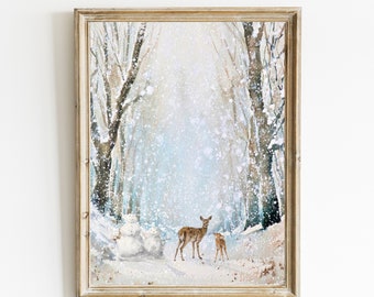 Impresión del bosque de invierno / Impresiones navideñas nevadas / Impresión de la familia de ciervos / Impresión del muñeco de nieve / Arte de la pared navideña de la acuarela / Decoración de la casa de vacaciones