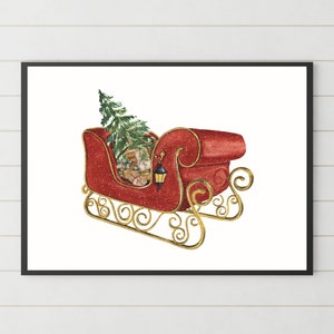 Red Sleigh Print Watercolor Santa's Sleigh Wall Art Christmas Printable Wall Art Red Christmas Decorations Holiday Decor vintage image 7