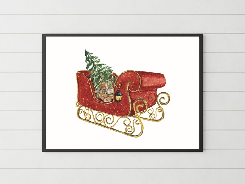 Red Sleigh Print Watercolor Santa's Sleigh Wall Art Christmas Printable Wall Art Red Christmas Decorations Holiday Decor vintage image 7