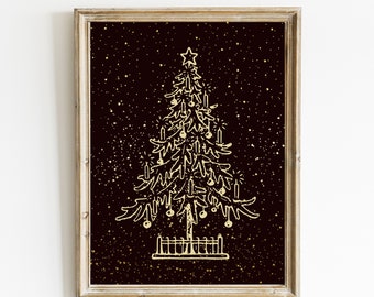 Gold Christmas Tree Print | Vintage Christmas Wall Art | Gold Christmas Tree Black Background Printable | Christmas Decor | DIGITAL DOWNLOAD