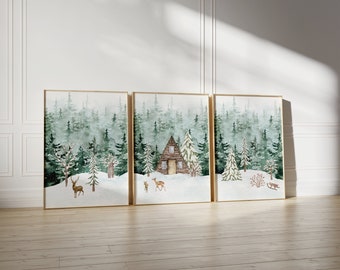 Winter Cabin Watercolor Print Set | Snowy Forest Deer (Digital Download)