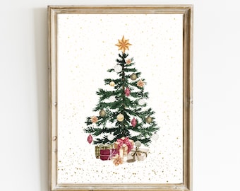 Vintage Christmas Tree Print | Watercolor Christmas Tree Wall Art | Retro Holiday Decor | Christmas Gifts Wall Print | DIGITAL DOWNLOAD