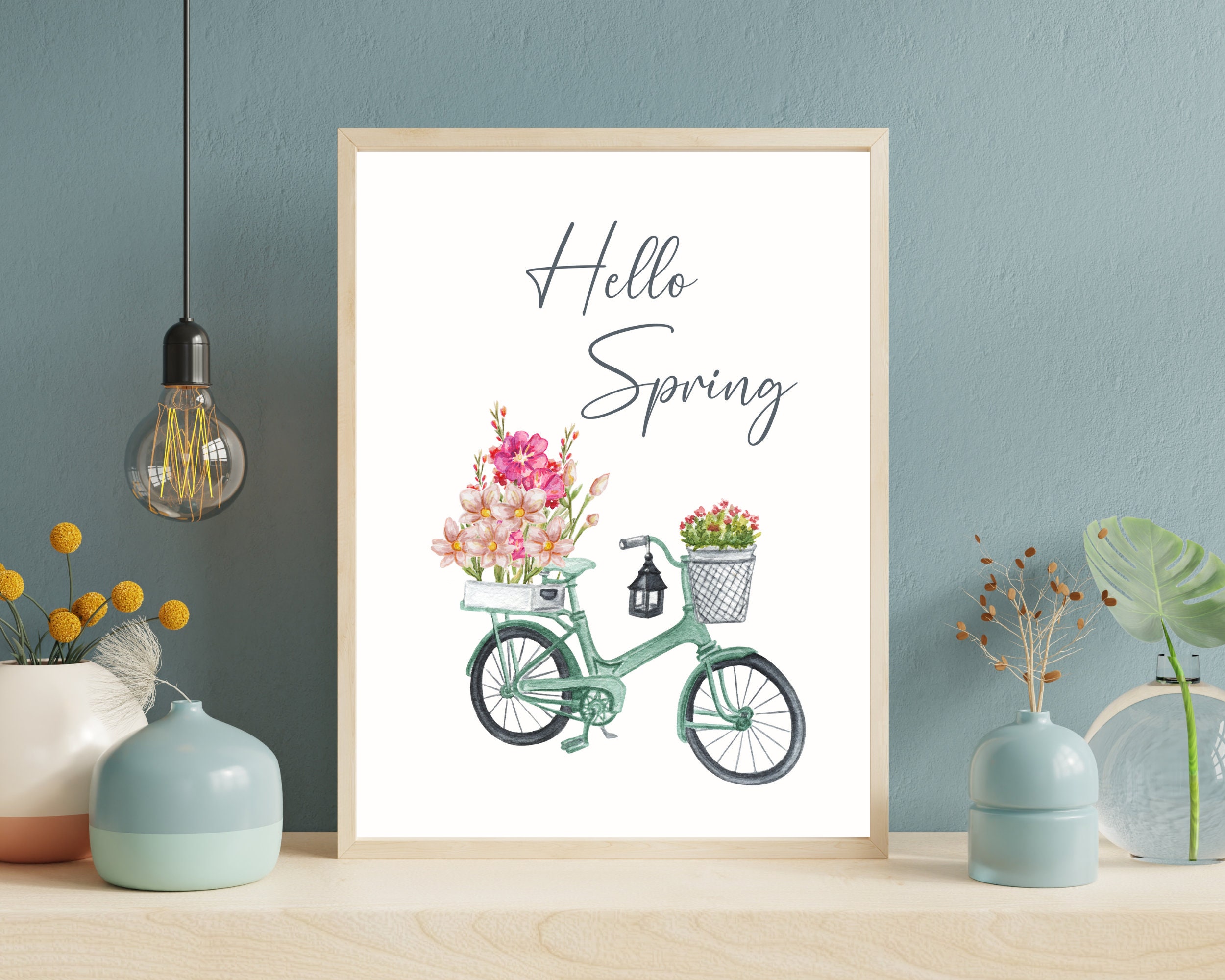Hello Spring Print | Watercolor Bicycle Print | Farmhouse Spring Decor ...