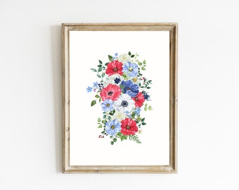 Patriotic Floral Print | Watercolor Red, White, Blue (Digital Download)