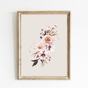 Neutral Flower Print | Boho Floral Wall Art | Pink Floral | Pink Botanical Wall Art | Pink and Brown Flowers Printable | DIGITAL DOWNLOAD